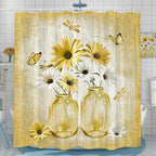 Rustic Farmhouse Yellow Floral Shower Curtain, Sage Green Daisy Flowers Butterfly Dragonfly on Abstract Aesthetic Country Wooden Boho Shower Curtain Set, White Bathroom Accessory with Hooks, 70X70