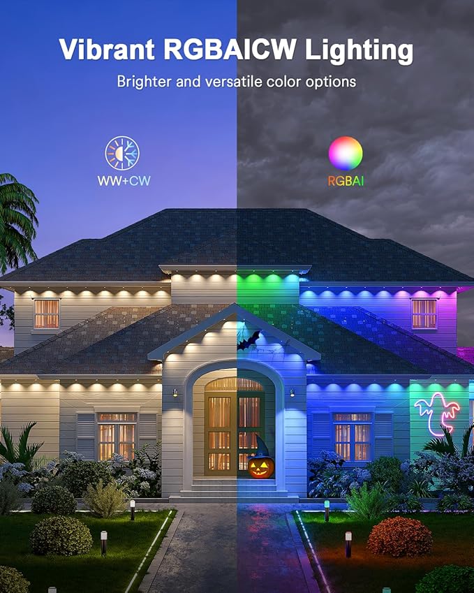 Lumary Permanent Outdoor Lights Max 158ft with 120 LED Eave Lights RGBAICW 7200lm, IP67 Waterproof, IC Control and Scene Modes for Halloween Christmas Decoration, Works with Alexa and Google Assistant