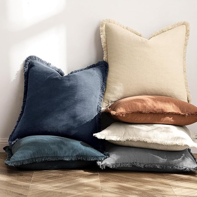 MIULEE Christmas Decorative Throw Pillow Covers Neutral Linen Fringe Throw Pillows Set of 2 Indigo Blue Boho Farmhouse Cushion Covers Coastal Decor for Couch Sofa Bed Living Room Decor 26x26 Inch
