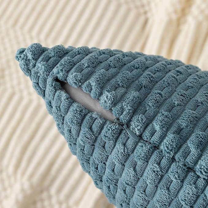 Kevin Textile Throw Pillow Covers Soft Corduroy Decorative Set of 2 Boho Striped Pillow Covers Pillowcases Farmhouse Home Decor for Couch Bed Sofa Living Room 20x20 Inch Blue Grey