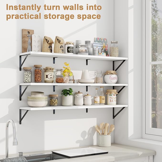 Fun Memories Extra Long Floating Wall Shelves, 48 x 8 Inches, Set of 3 Large Wood Floating Bookshelves with Metal Brackets for Storage & Display (White)