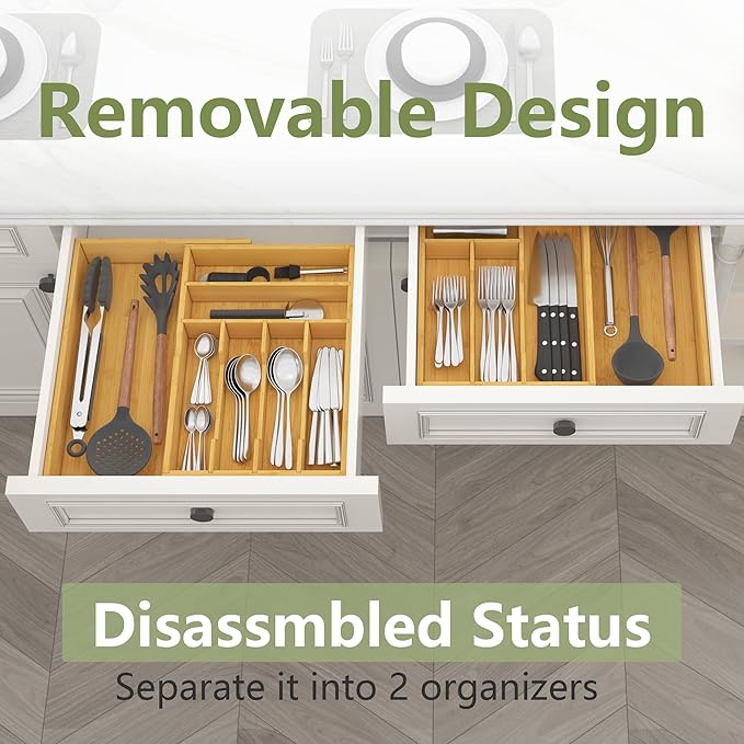 Suli Large Silverware Drawer Organizer，Adjustable Kitchen Flatware for Forks Knives and Spoons， Bamboo Cutlery Utensil Holder,Expandable from 12in-37in，Natural Bamboo