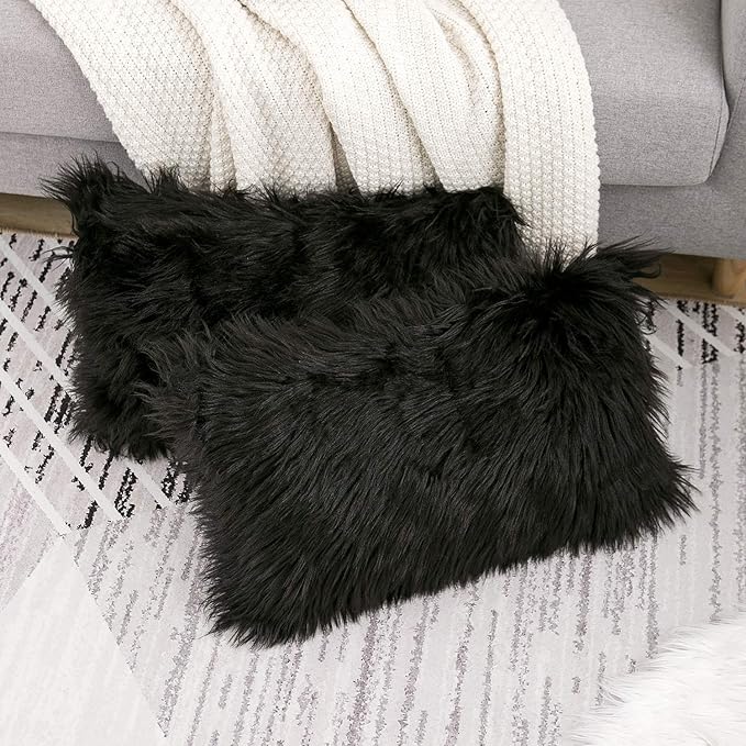 WLNUI Set of 2 Black Halloween Decorative Pillow Covers New Luxury Series Merino Style Faux Fur Fluffy Throw Pillow Covers Lumbar Fuzzy Cushion Case for Sofa Bedroom Living Room Home Decor 12x20 Inch