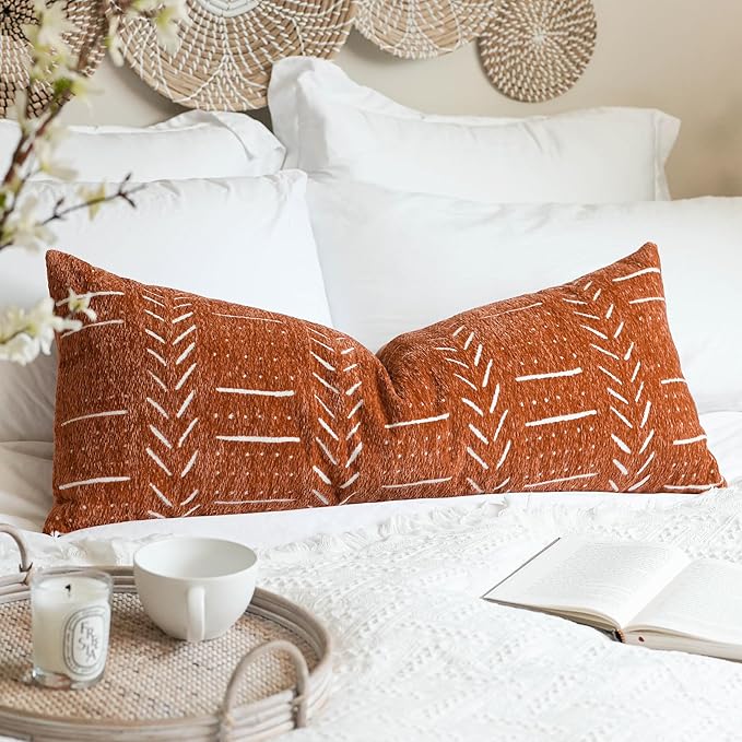 BlissBlush Fall Brick Red Boho Lumbar Throw Pillow Cover 14X36, Decorative Long Accent Body Lumbar Pillow for Bed, Farmhouse Woven Soft Chenille Textured Lumbar Pillowcase for Couch (Cover ONLY)