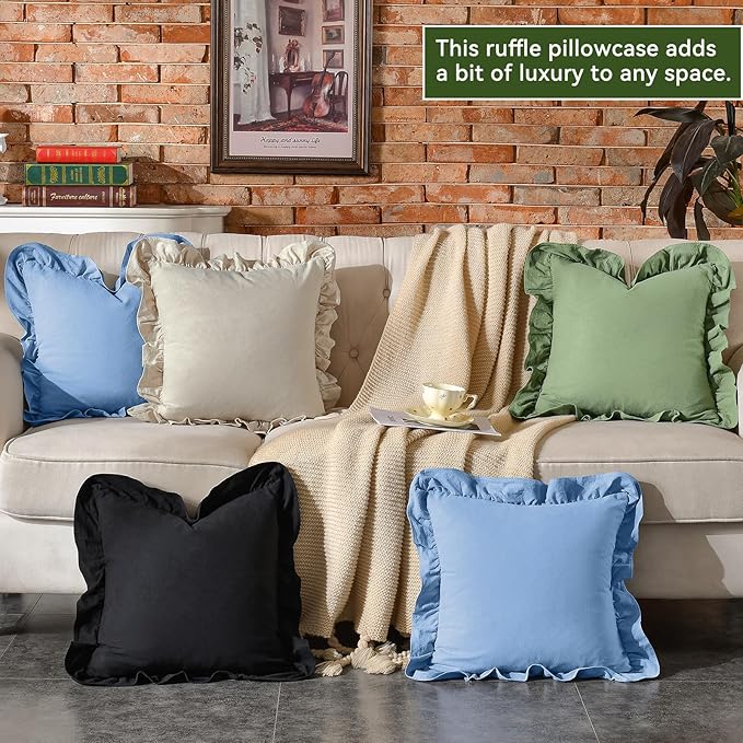 AmHoo Pack of 2 Throw Pillow Covers 100% Cotton Pre Washed Ruffle Decorative Pillowcase Cushion for Couch Sofa Bedroom 24 x 24-Inch Beige