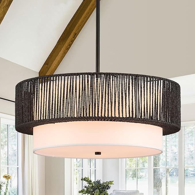 19" Black Rattan Chandeliers Vintage Farmhouse Hand-Woven Wicker Light Fixtures with Bamboo Chandelier Light Fixture Fabric Shade Boho Rattan Hanging Light for Dining Room,Bedroom,Entryway