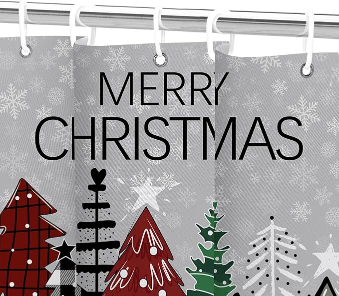 Christmas Trees Shower Curtain, Chic Boho Xmas Tree Snowflake Shower Curtain Set, Farmhouse Holiday Winter Shower Curtain Bathroom Decor with Hooks Grey Fabric Machine Washable with Hooks, 72 x 72 in
