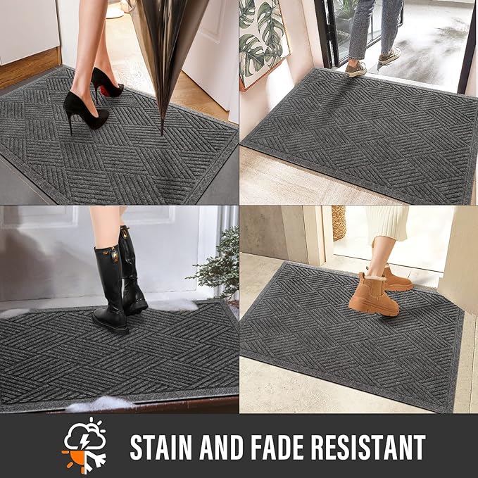 Sturdy Front Door Mat, Absorbent Muddy Dirt Resist Welcome Door Mats Outdoor Indoor, Stain and Fade Resistant, Non-Slip Rubber Backing Low Profile Doormat for Entryway, 36×24, Grey