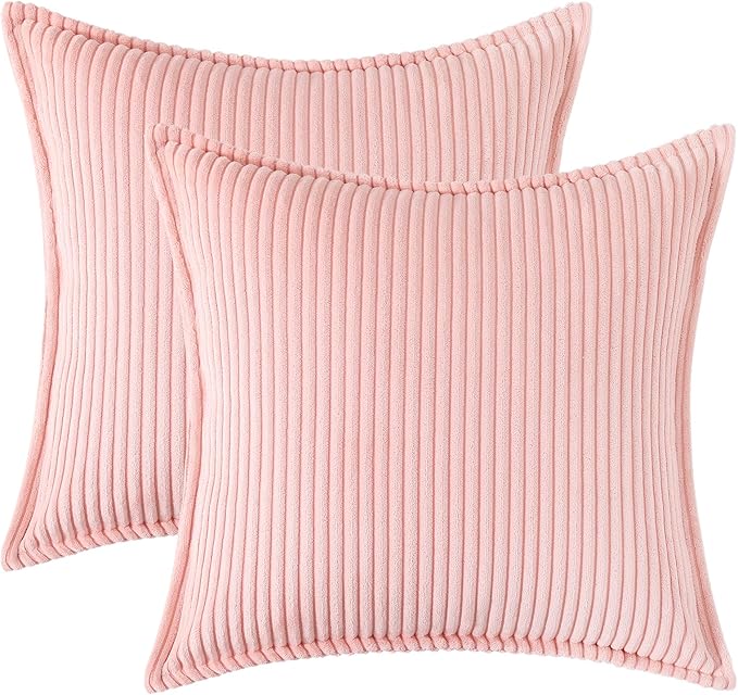 Mecatny Corduroy Throw Pillow Covers 16x16 Set of 2, Neutral Decorative Soft Boho Couch Pillow Covers with Broadside for Sofa Living Room, Pink