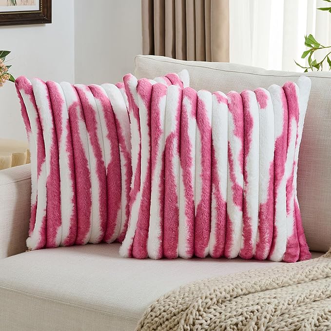 FUTEI Blush Decorative Throw Pillow Covers 18x18 Inch Set of 2, Soft Tie-Dye Faux Rabbit Fur Striped Texture Cushion Case, Modern Home Decor for Couch Bed Living Room