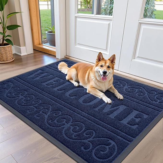 OLANLY Welcome Door Mat Indoor Outdoor Entrance, Heavy Duty Sturdy Front Door Mat, Waterproof All-Weather Doormat, Stain Resistant, Low Profile, Easy Clean Patio Entryway Mat, 47 x 32, Navy