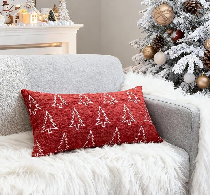 2 Pack Chenille Christmas Pillow Covers 12x20, Red Double-Sided Snowflake & Christmas Tree, Cozy Farmhouse Holiday Cushion Case, Decorative Throw Pillowcase for Sofa Couch Bed(Red,12x20)