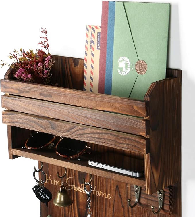 Key Holder, Wall Mounted Mail Organizer, Keys Holder on Wall with 9 Key Hooks, Umber