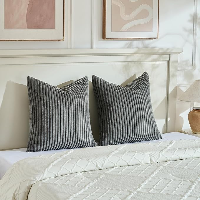Fancy Homi Set of 2 Dark Gray Boho Decorative Throw Pillow Covers 24x24 Inch for Couch Bed Sofa, Aesthetic Modern Bohemian Room Decor, Soft Fuzzy Fluffy Cozy Corduroy Textured Cushion Case 60x60cm