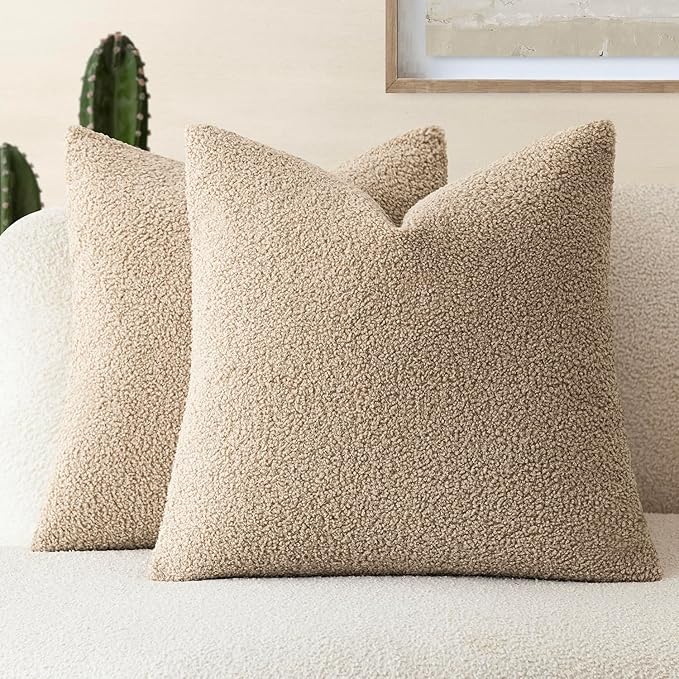 Foindtower Pack of 2, Curly Faux Fur Decorative Throw Pillow Covers Soft Fuzzy Plush Cushion Case with Zipper Cozy Pillowcase for Home Living Room Couch Bed Sofa 16 x 16 Inch,Taupe Khaki Camel