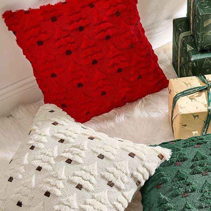 MIULEE Christmas Tree Decorative Pillow Covers Faux Fur Wool Throw Pillows Soft Plush Cushion Covers Set of 2 Xmas Home Decor Winter Holiday for Sofa Couch Livingroom Bed 18x18 Inch Red