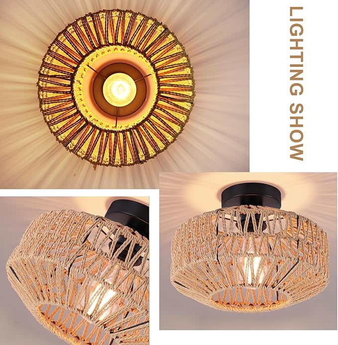 Boho Rattan Ceiling Light Fixture, Mini Rattan Chandelier Lighting Fixture, Hand Woven Ceiling Light Fixtures for Hallway Bedroom Kitchen Entryway Living Room
