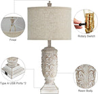 Set of 2 Farmhouse Table Lamps, 27.5'' Tall Rustic Bedside Lamps with USB Ports, Vintage Nightstand Lamp Leafwork White Resin Lamp with Rotary Switch for Living Room,Bedroom, End Table, Decor