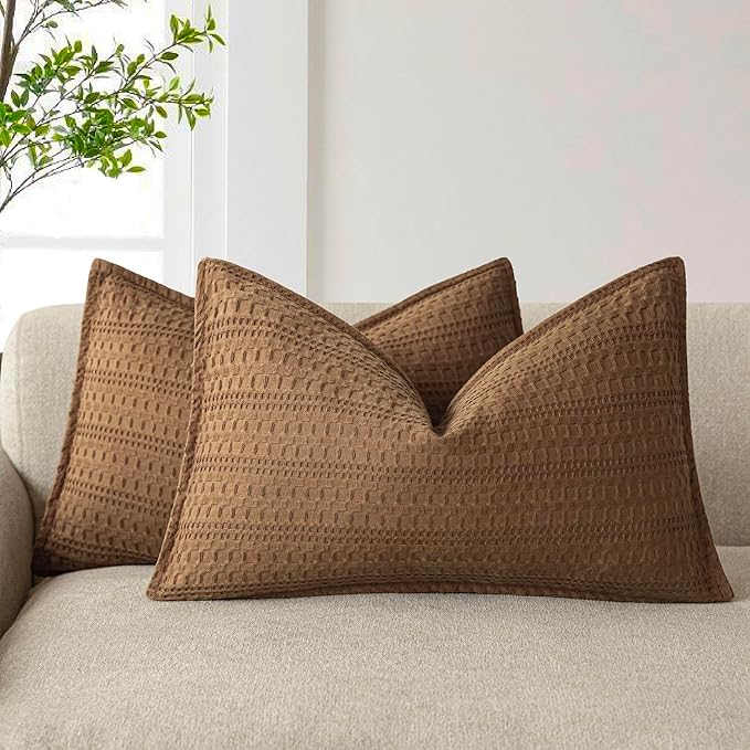 Foindtower Set of 2 Decorative Cotton Waffle Weave Lumbar Throw Pillow Covers Euro Shams Cushion Covers Accent European Pillowcase for Bed Couch Bedroom Living Room Home Decor 12×20 Inch Orange Brown