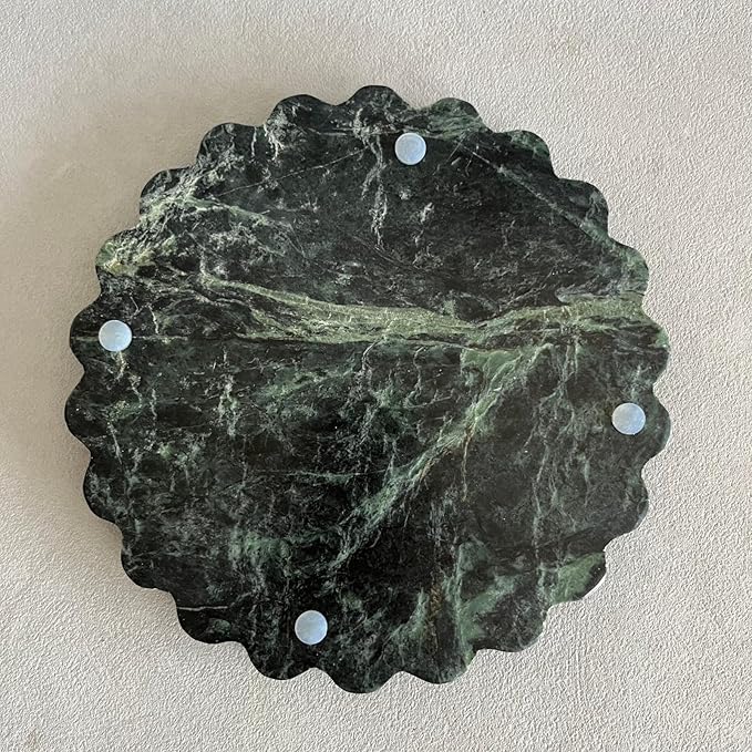 Travertine Marble Scalloped Tray Round Wave Tray Small Serving Platter for Counter, Bathroom, Kitchen, Nightstand, Jewelry Ring Dish Holder (White Dark Green)