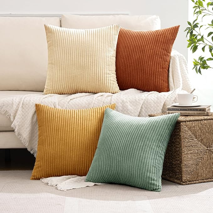 MIULEE Boho Farmhouse Throw Pillow Covers 18x18 Inch Set of 4 Summer Modern Natural Decorative Cushion Covers Soft Corduroy Home Decor for Couch Bed Sofa Living Room Orange Teal Gradient Series