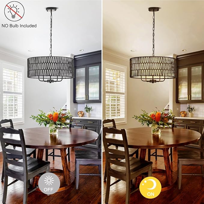 Boho Hand-Woven Black Rattan Chandelier with Linen Vintage Farmhouse Bamboo Drum Chandeliers Light Fixture Modern Wicker Rattan Chandelier for Dining Room, Kitchen, Living Room
