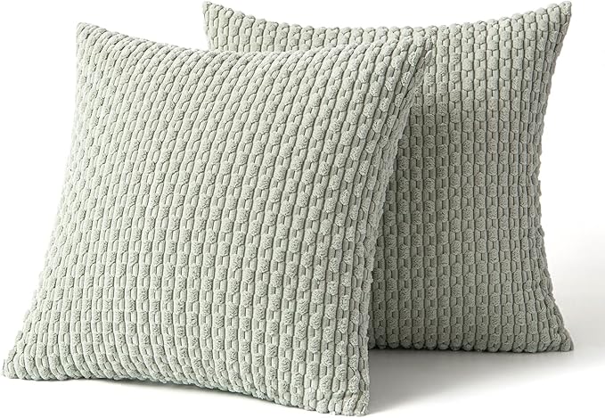 MIULEE Pack of 2 Decorative Throw Pillow Covers 18x18 Inch Soft Boho Striped Textured Corduroy Pillow Covers Modern Farmhouse Home Decor for Couch Bed Sofa Living Room Light Green