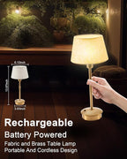 UMEXUS Cordless Lamp Rechargeable Table Lamps, 5000mAh Battery Operated Lights, 3 Level Brightness Dimmable, Portable Night Bedside Light for Patio, Restaurant, Dining, Fabric Shade, Antique Brass