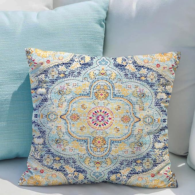 Snycler Boho Throw Pillow Covers 18x18 inch Set of 2 Burnt Blue Yellow Terracotta Rust Colored Throw Pillows Boho Home Decor for Bedroom Living Room Couch & Sofa (No Inserts)