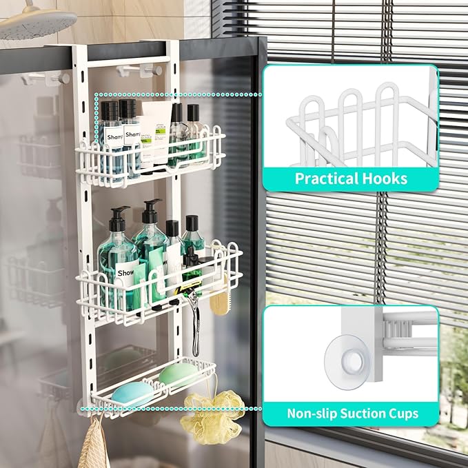 HapiRm 3 Tier Over the Door Shower Caddy, Hanging Shower Caddy with 16 Hooks and 2 Soap Holders, No Drilling Adjustable Hanging Bathroom Organizer - White