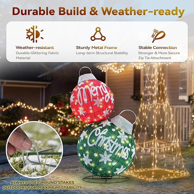 Large Lighted Christmas Ball Ornaments,35Inch 3D Pre-Lit LED Holiday Decor with Base for Outdoor Yard, Garden,Patio-Festive Glow (Red/Green)