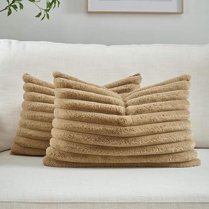 FUTEI Camel Striped Decorative Throw Pillow Covers 12x20 Inch Set of 2,Rectangle Winter Decorations Couch Lumbar Pillowcase,Soft Cozy Faux Rabbit Fur & Velvet Back,Modern Home Decor for Bed