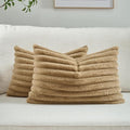 FUTEI Camel Striped Decorative Throw Pillow Covers 12x20 Inch Set of 2,Rectangle Winter Decorations Couch Lumbar Pillowcase,Soft Cozy Faux Rabbit Fur & Velvet Back,Modern Home Decor for Bed