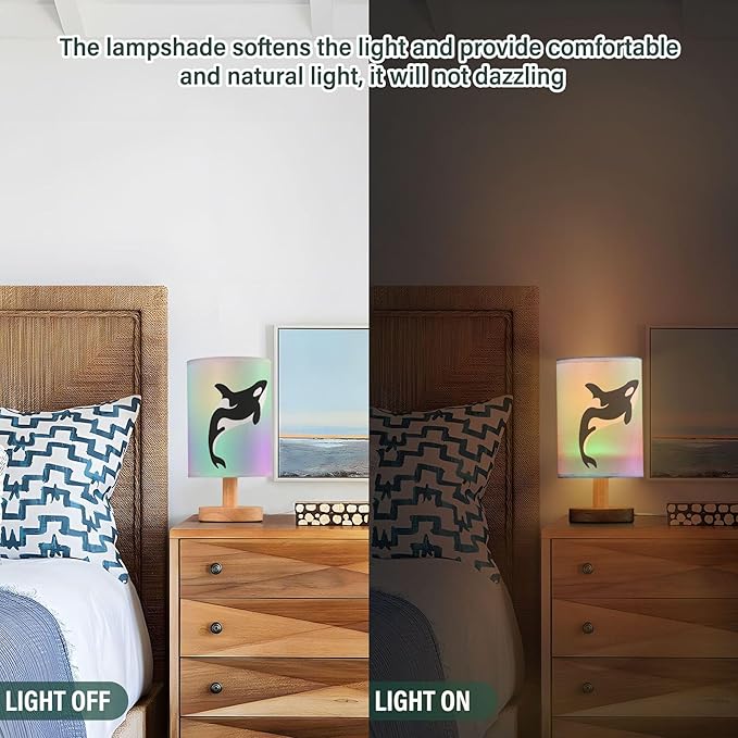 Table Lamp Killer Whale in Swimming Pool Orca Swim in Water on Pastel Color Nightstand Lamp with Wood Base Fabric Lamp Shade Bedside Desk Lamp for Living Room Bedroom Kids Room Office