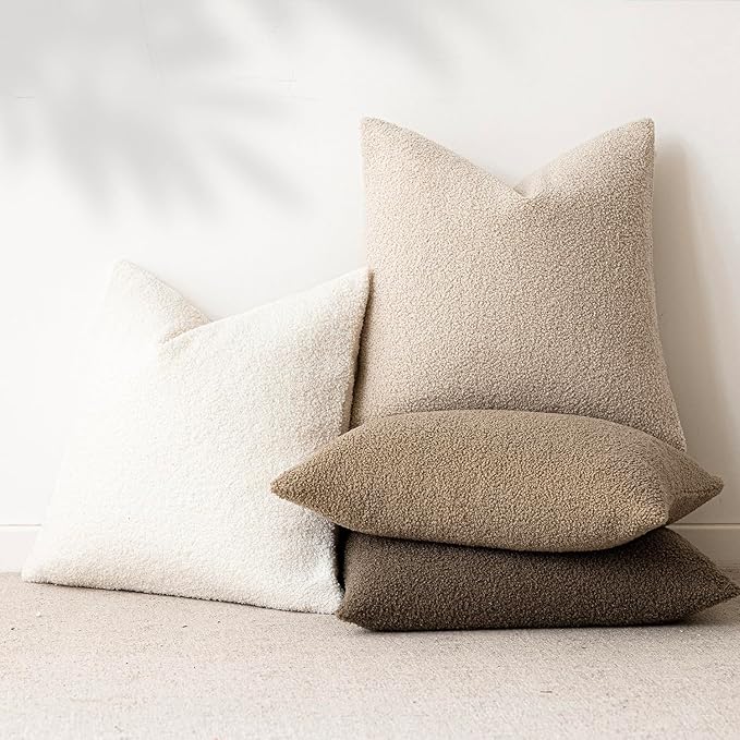 Foindtower Pack of 2, Curly Faux Fur Decorative Throw Pillow Covers Soft Fuzzy Plush Cushion Case with Zipper Cozy Pillowcase for Home Living Room Couch Bed Sofa 24 x 24 Inch, Light Beige