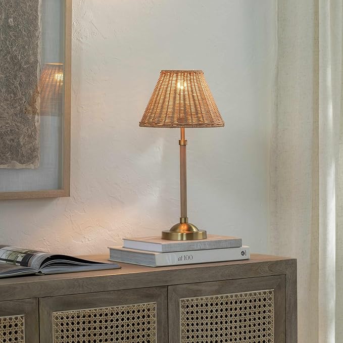 BoutiqueRugs Zakharivka Boho Bedside Table Lamp for Bedroom Nightstand - Iron End Side Lighting for Living Room - Shade Rattan - Beige, Gold - 19'' H