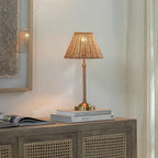 BoutiqueRugs Zakharivka Boho Bedside Table Lamp for Bedroom Nightstand - Iron End Side Lighting for Living Room - Shade Rattan - Beige, Gold - 19'' H