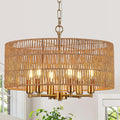 20" Hand-Woven Rattan Chandelier 6-Light Vintage Farmhouse Boho Bamboo Golden Chandelier Light Fixture Retro Drum Wicker Gold Chandeliers for Dining Room, Kitchen, Living Room, E12