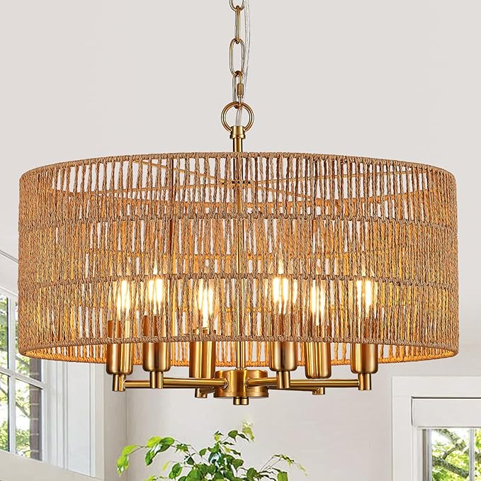 20" Hand-Woven Rattan Chandelier 6-Light Vintage Farmhouse Boho Bamboo Golden Chandelier Light Fixture Retro Drum Wicker Gold Chandeliers for Dining Room, Kitchen, Living Room, E12