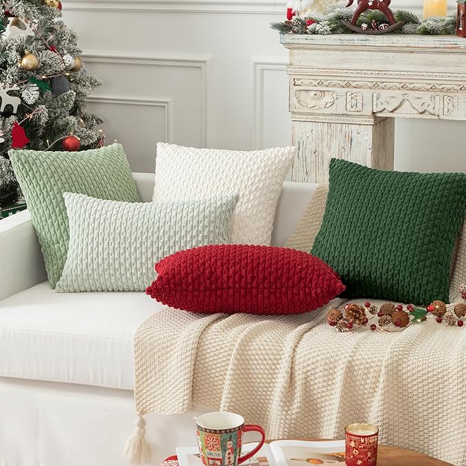 Kevin Textile Christmas Velvet Corduroy Boho Throw Euro Pillow Sham Cushion Cover for Bed 2 Pcs 16 x 16 Inch (40 x 40 cm) Dark Green