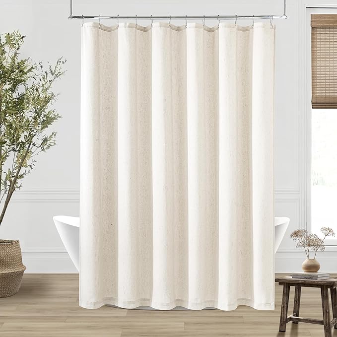 Extra Long Linen 84 Inch Shower Curtain Neutral Modern Bath Drapes Set 84 Inch Long with Hooks XLong Tall Farmhouse Boho Shower Curtains for Bathroom, Cream Ivory Birch, 72x84 Drapes