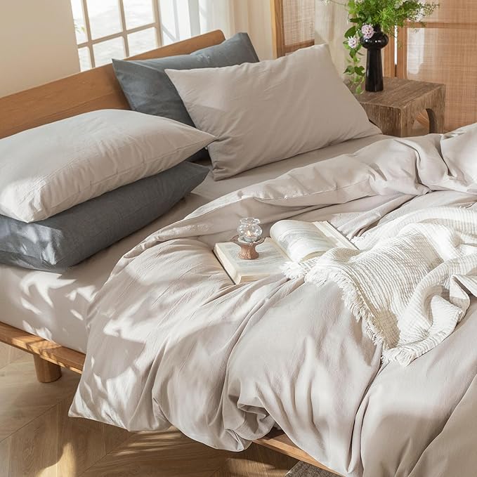 MooMee Bedding Duvet Cover Set 100% Washed Cotton Linen Like Textured Breathable Durable Soft Comfy (Solid Light Tan, Queen 90"x90")