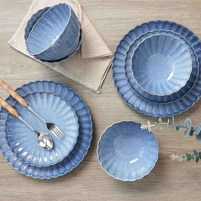 Sango 12 Pieces Stoneware Dinnerware Set, Modern Reactive Blue Dishes for 4, Premium Serving Plates and Bowls Sets, Chip Resistant Plate, Ceramic Dishware, Kitchen Dish Set, Scallop Dining Ware, Frill