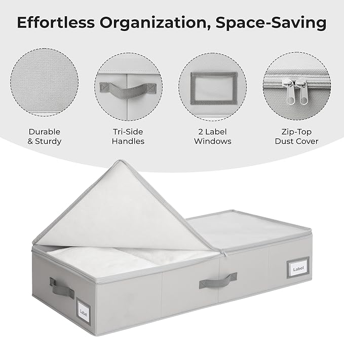 Cupic Cupid Under Bed Storage Containers, Large Foldable Organizer with Lid for Bedroom, Underbed Storage Box for Blankets, Clothes, Shoes, 2 Pack, Grey
