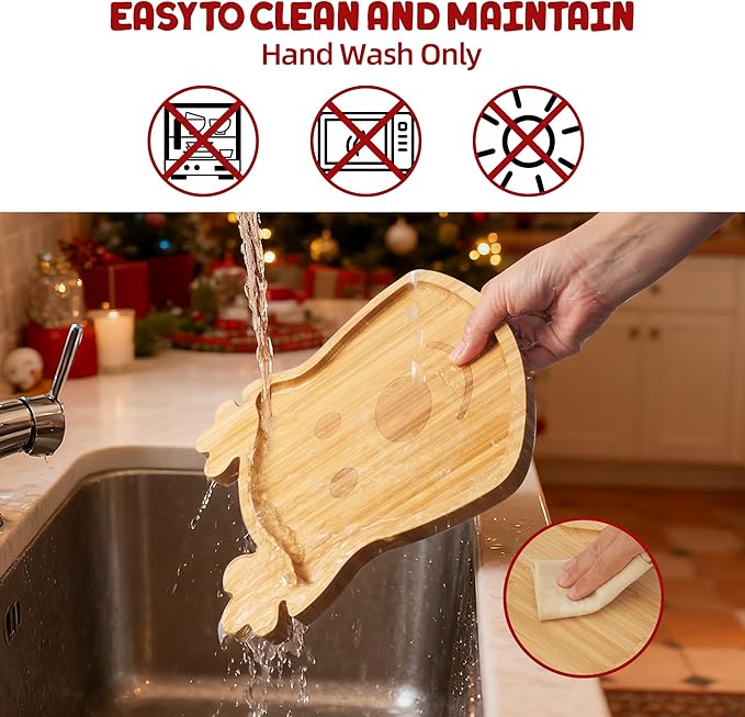 TJ POP Christmas Reindeer Bamboo Serving Tray - Laser-Carved Cute Deer Face Pattern, Natural Wooden Snack Platter Charcuterie Board, Holiday Party Kitchen Decor for Sweets, Snacks, Drinks (10” x 9”)