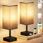 Black Fully Dimmable Nightstand Lamps Set of 2 - Table Bedside Lamp with USB C+A Charging Ports & 2 AC Outlets, Square Lamp Sets Linen Fabric Shade for Bedroom Living Room(Bulb Included)