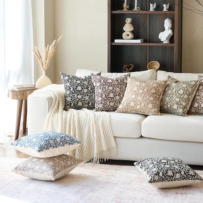 Floral Throw Pillow Covers 24x24 Farmhouse Block Print Pillow Covers Decorative Pillow Covers Couch Pillows for Living Room Vintage Accent Sofa Pillows Set of 2, Burgundy