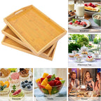 3 Pack Bamboo Serving Tray, 16x 11.6 Inch Wooden Serving Trays with Handles, Bamboo Trays for Serving Food, Perfect for Dinner, Tea, Bar, Breakfast, and Food for Parties, Bed, & Kitchen