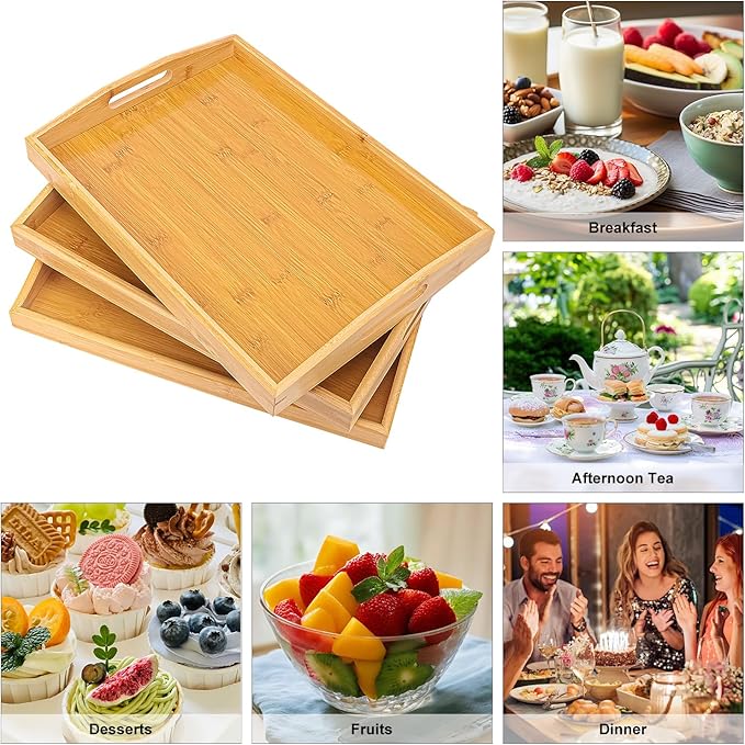 3 Pack Bamboo Serving Tray, 16x 11.6 Inch Wooden Serving Trays with Handles, Bamboo Trays for Serving Food, Perfect for Dinner, Tea, Bar, Breakfast, and Food for Parties, Bed, & Kitchen