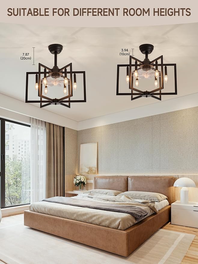 Black Chandelier Fan Farmhouse Rustic Ceiling Fan with Light and Remote, Adjustable Height, Rustic Chandeliers for Living Room, Bedroom, Hallway, Entryway Kitchen Lighting